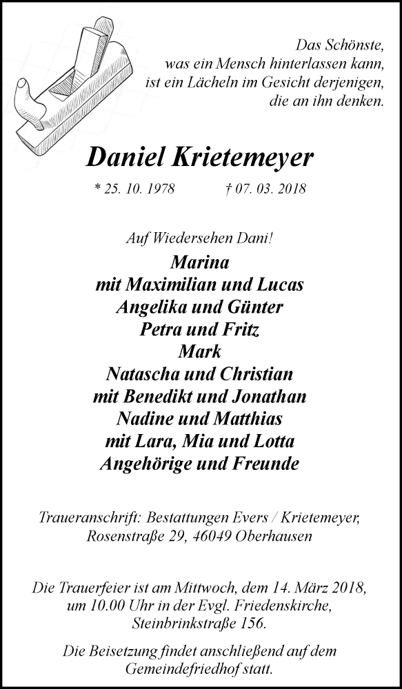  Traueranzeige für Daniel Krietemeyer vom 10.03.2018 aus Wochen-Anzeiger Oberhausen