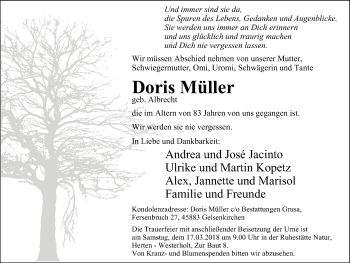 Traueranzeige von Doris Müller von Stadtspiegel Gelsenkirchen
