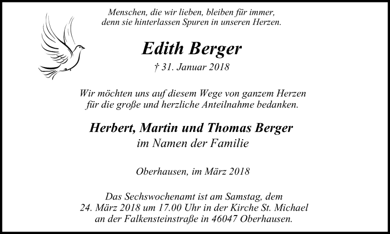  Traueranzeige für Edith Berger vom 17.03.2018 aus Wochen-Anzeiger Oberhausen