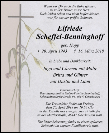 Traueranzeige von Elfriede Scheffel-Benninghoff von Wochen-Anzeiger Oberhausen