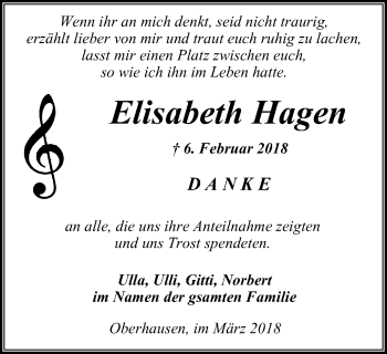 Traueranzeige von Elisabeth Hagen von Wochen-Anzeiger Oberhausen