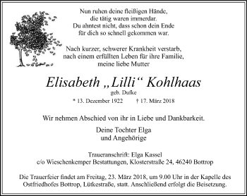 Traueranzeige von Elisabeth Lilli Kohlhaas von Stadtspiegel Bottrop