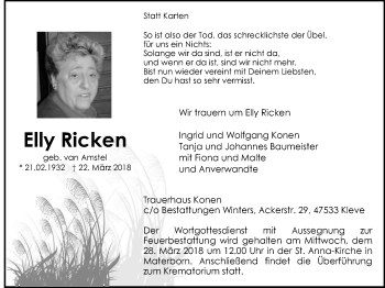 Traueranzeige von Elly Ricken von Klever Wochenblatt