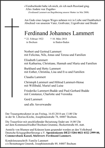 Traueranzeige von Ferdinand Johannes Lammert von Stadtspiegel Bochum