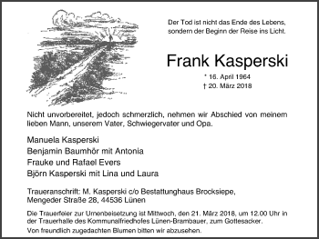Traueranzeige von Frank Kasperski von Lüner Anzeiger