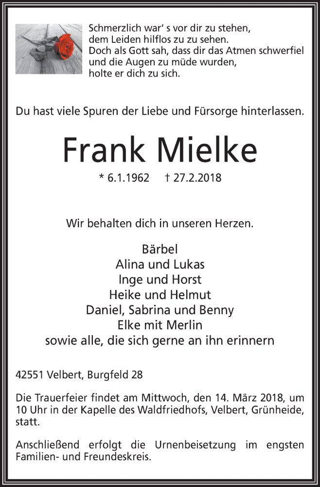  Traueranzeige für Frank Mielke vom 07.03.2018 aus Stadtanzeiger Velbert + Heiligenhaus