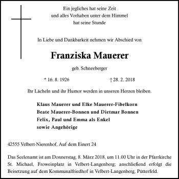 Traueranzeige von Franziska Mauerer von Stadtanzeiger Velbert + Heiligenhaus