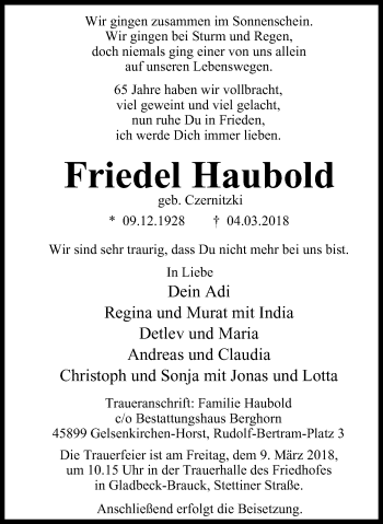 Traueranzeige von Friedel Haubold von Stadtspiegel Gladbeck