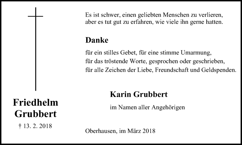  Traueranzeige für Friedhelm Grubbert vom 21.03.2018 aus Wochen-Anzeiger Oberhausen