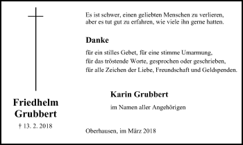 Traueranzeige von Friedhelm Grubbert von Wochen-Anzeiger Oberhausen