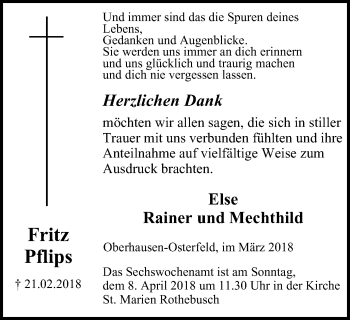 Traueranzeige von Fritz Pflips von Wochen-Anzeiger Oberhausen