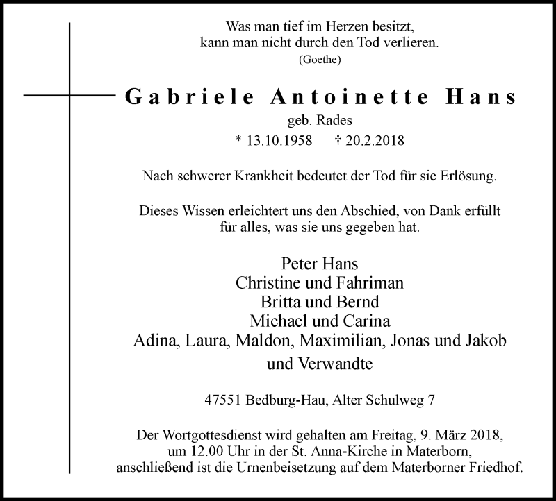  Traueranzeige für Gabriele Antoinette Hans vom 07.03.2018 aus Klever Wochenblatt