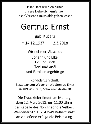 Traueranzeige von Gertrud Ernst von Stadtanzeiger Velbert + Heiligenhaus
