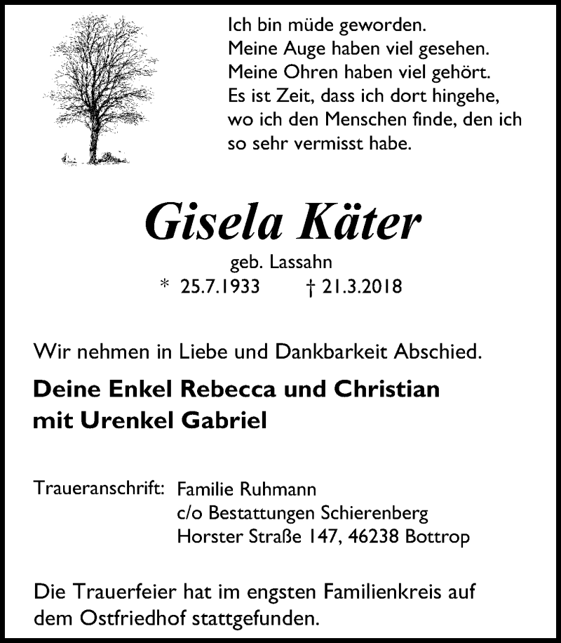 Traueranzeige für Gisela Käter vom 31.03.2018 aus Stadtspiegel Bottrop