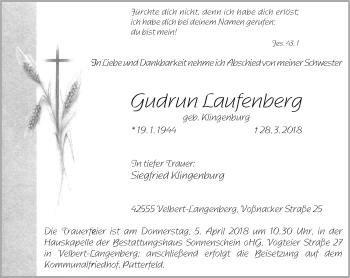 Traueranzeige von Gudrun Laufenburg von Stadtanzeiger Velbert + Heiligenhaus