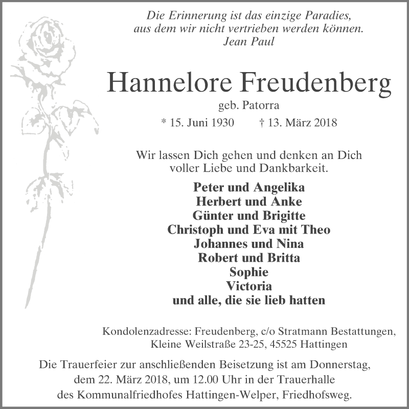  Traueranzeige für Hannelore Freudenberg vom 17.03.2018 aus Stadtspiegel Hattingen/Niedersprockhövel