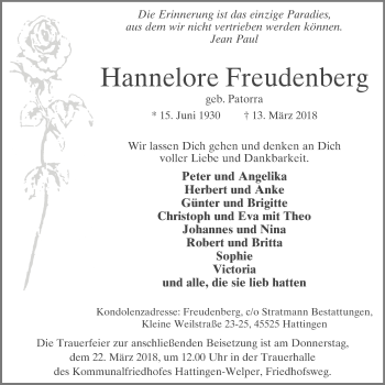 Traueranzeige von Hannelore Freudenberg von Stadtspiegel Hattingen/Niedersprockhövel
