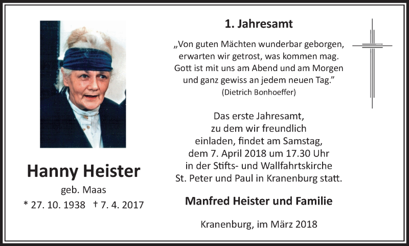  Traueranzeige für Hanny Heister vom 24.03.2018 aus Klever Wochenblatt