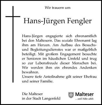 Traueranzeige von Hans-Jürgen Fengler von Wochen-Anzeiger Langenfeld/Monheim/Hilden