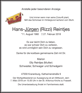 Traueranzeige von Hans-Jürgen  Reintjes von Klever Wochenblatt