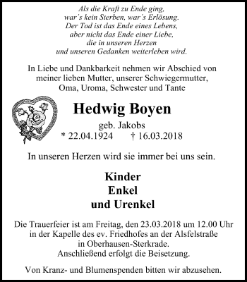 Traueranzeige von Hedwig Boyen von Wochen-Anzeiger Oberhausen