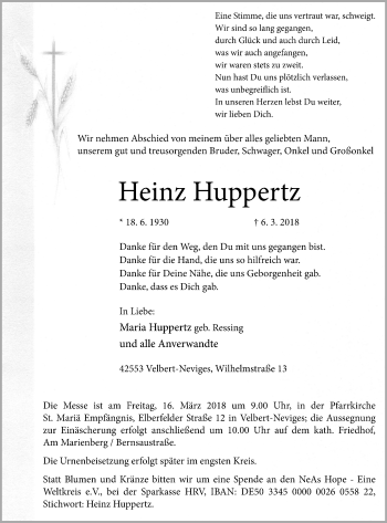Traueranzeige von Heinz Huppertz von Stadtanzeiger Velbert + Heiligenhaus