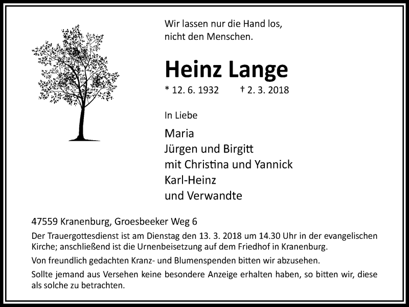  Traueranzeige für Heinz Lange vom 07.03.2018 aus Klever Wochenblatt