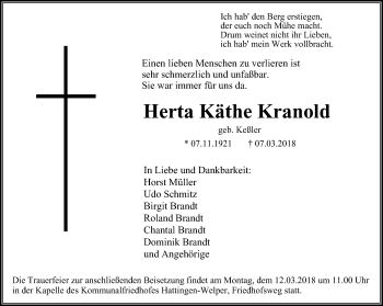 Traueranzeige von Herta Käthe Kranold von Stadtspiegel Hattingen/Niedersprockhövel