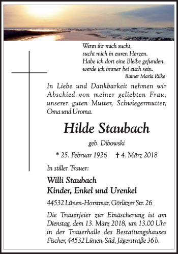 Traueranzeige von Hilde Staubach von Lüner Anzeiger