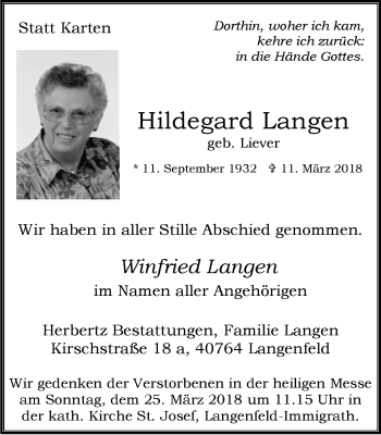 Traueranzeige von Hildegard Langen von Wochen-Anzeiger Langenfeld/Monheim/Hilden