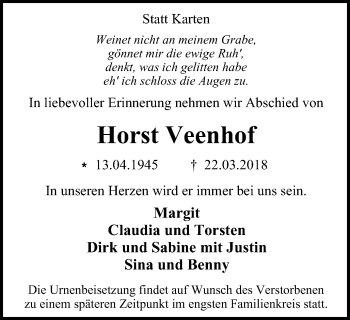 Traueranzeige von Horst Veenhof von Wochen-Anzeiger Oberhausen