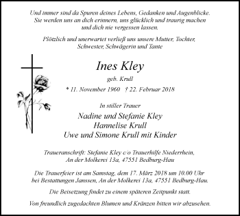 Traueranzeige von Ines Kley von Klever Wochenblatt