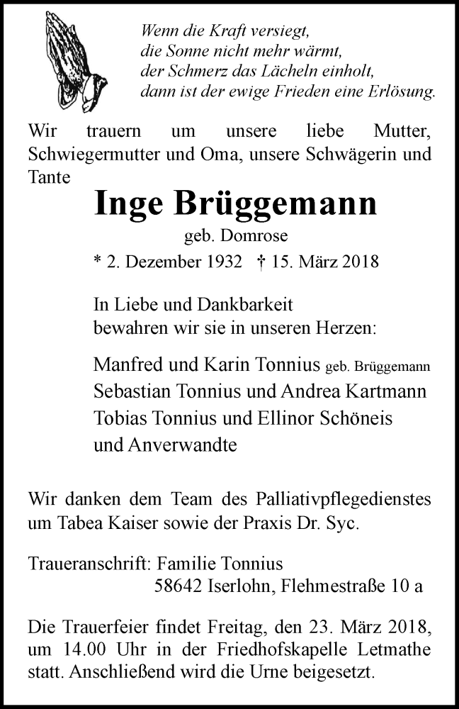  Traueranzeige für Inge Brüggemann vom 21.03.2018 aus Stadtspiegel Iserlohn + Hemer