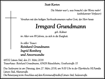 Traueranzeige von Irmgard Grundmann von Lüner Anzeiger