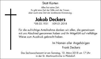 Traueranzeige von Jakob Deckers von Gocher Wochenblatt