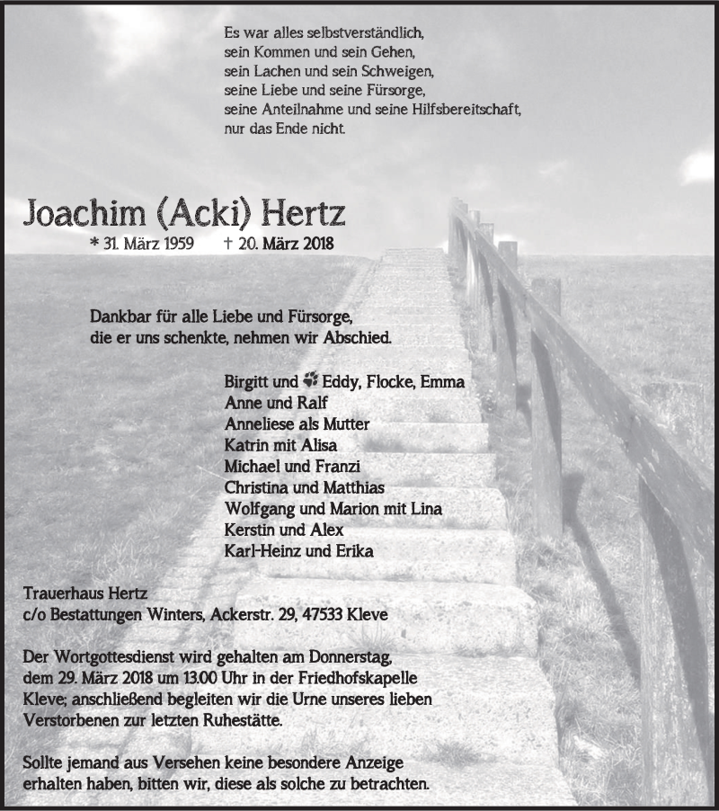  Traueranzeige für Joachim Hertz vom 24.03.2018 aus Klever Wochenblatt