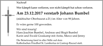 Traueranzeige von Johann Bumbel von Stadtanz.Castrop-Rauxel