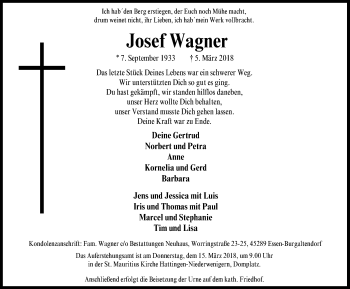 Traueranzeige von Josef Wagner von Ruhr Kurier