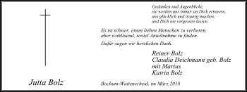 Traueranzeige von Jutta Bolz von Stadtspiegel Wattenscheid