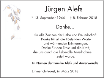 Traueranzeige von Jürgen Alefs von Stadtanzeiger Emmerich/Rees/Isselburg