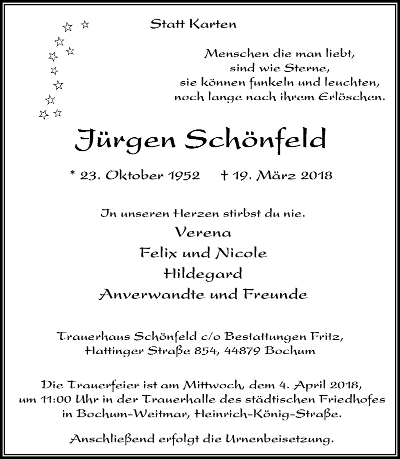  Traueranzeige für Jürgen Schönfeld vom 28.03.2018 aus Stadtspiegel Bochum