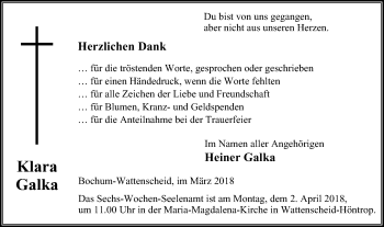 Traueranzeige von Klara Galka von Stadtspiegel Wattenscheid