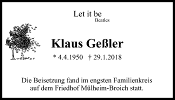 Traueranzeige von Klaus Geßler von Mülheimer Woche