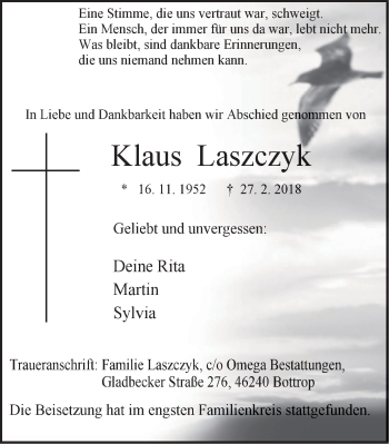 Traueranzeige von Klaus Laszczyk von Stadtspiegel Bottrop