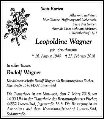Traueranzeige von Leopoldine Wagner von Lüner Anzeiger