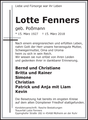 Traueranzeige von Lotte Fenners von Mülheimer Woche