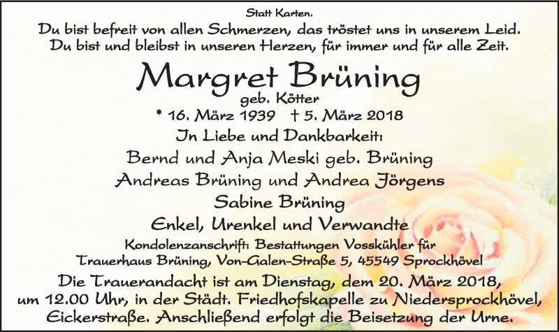  Traueranzeige für Margret Brüning vom 14.03.2018 aus Stadtspiegel Hattingen/Niedersprockhövel