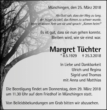 Traueranzeige von Margret Tüchter von Stadtspiegel Bochum