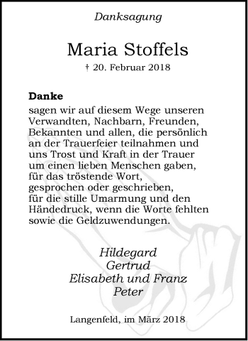 Traueranzeige von Maria Stoffels von Wochen-Anzeiger Langenfeld/Monheim/Hilden