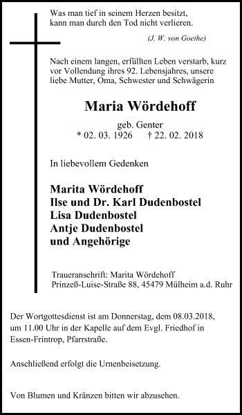 Traueranzeige von Maria Wördehoff von Wochen-Anzeiger Oberhausen